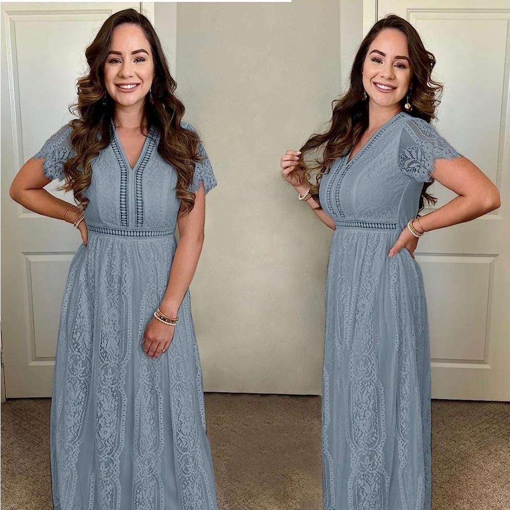 MEROKEETY Women's V Neck Short Sleeve Floral Lace Maxi Dress